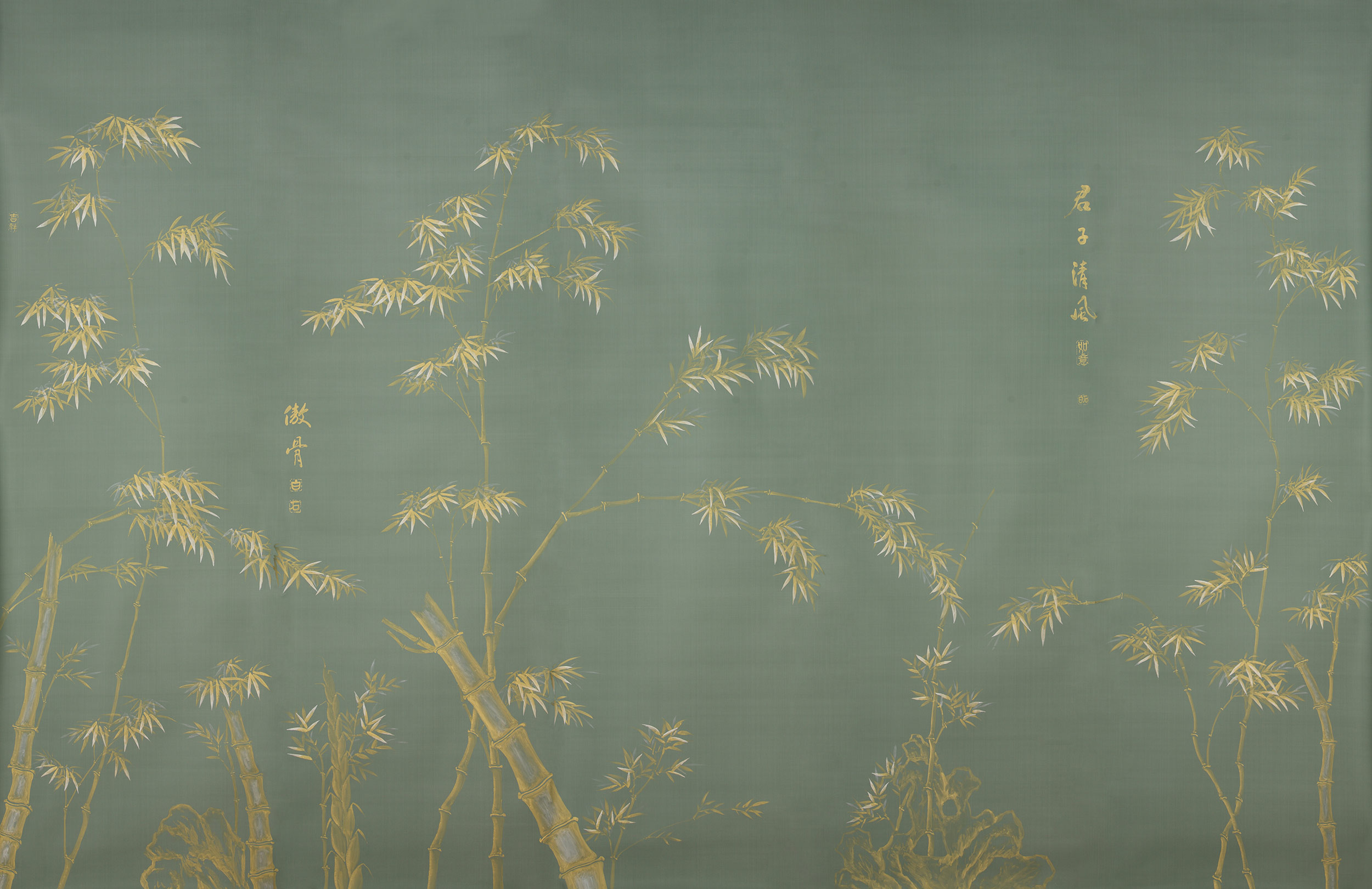 Обои ручная роспись Bamboo Golden on Blue grey dyed silk Обои ручная роспись Bamboo Golden on Blue grey dyed silk - постер Loft-Concept в Брянске