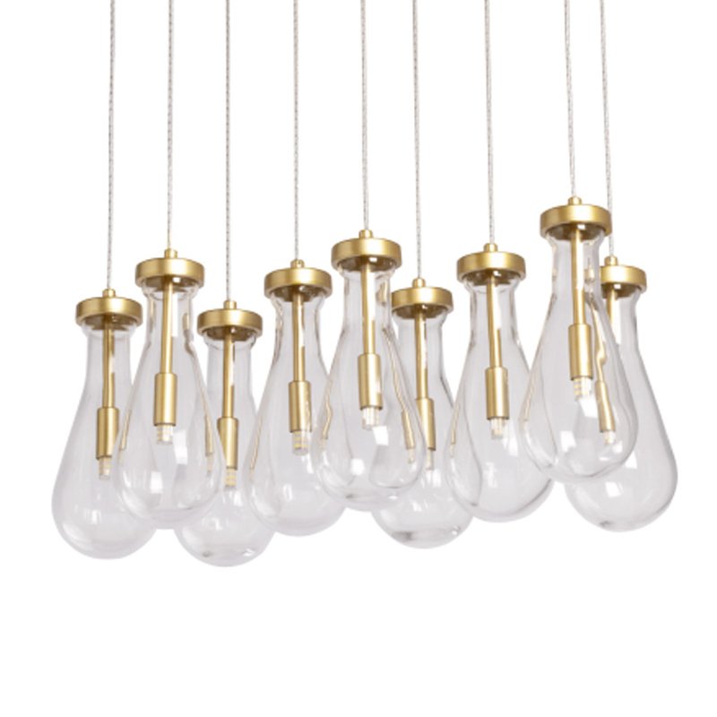 Люстра с 9-ю прозрачными стеклянными плафонами в форме капли Lucid Rain  Золотой Прозрачный в Брянске | Loft Concept 