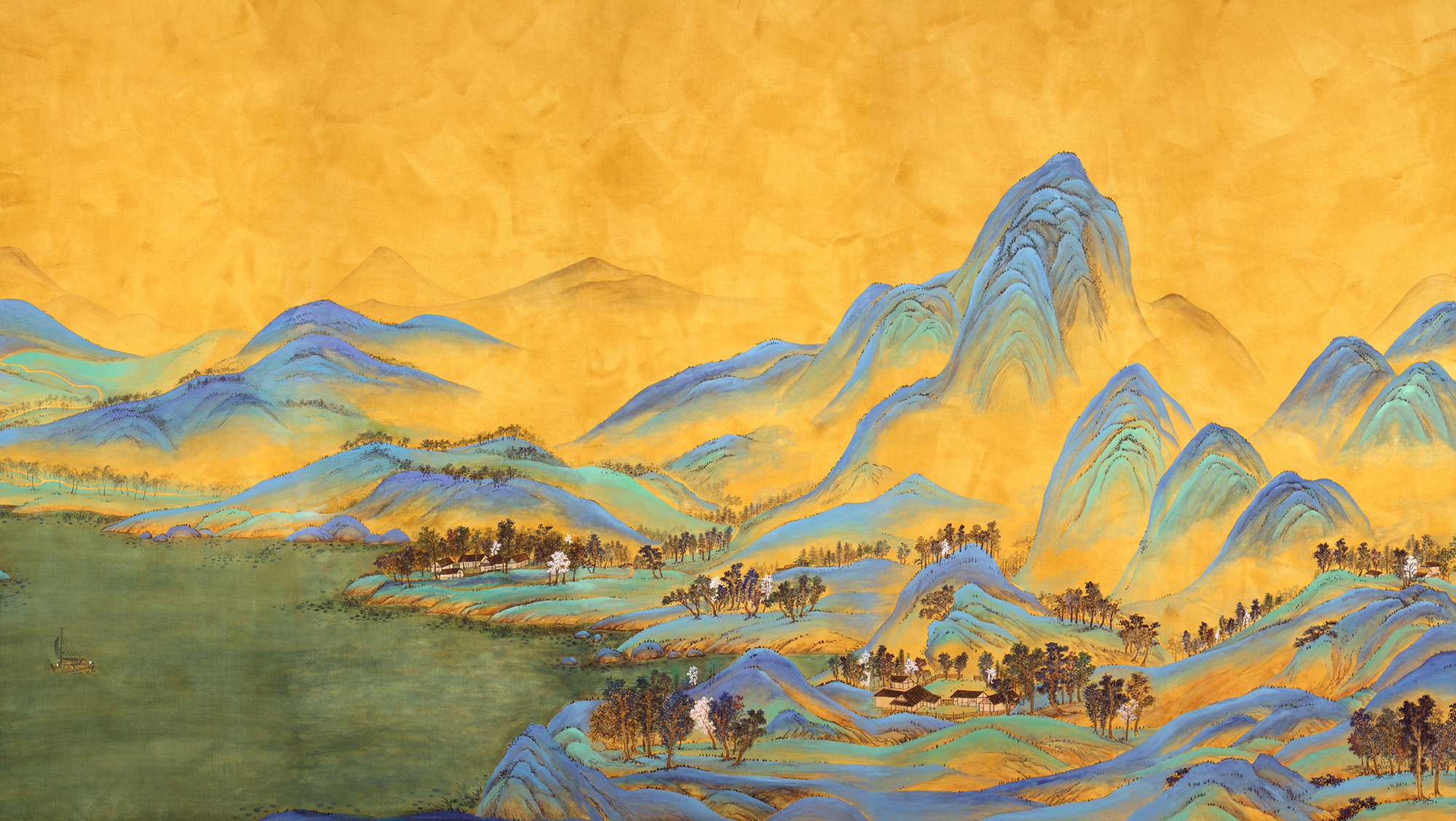 Обои ручная роспись A Thousand Li of Rivers and Mountains Original colourway on brown painted Xuan paper Обои ручная роспись A Thousand Li of Rivers and Mountains Original colourway on brown painted Xuan paper - постер Loft-Concept в Брянске