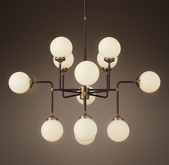 Люстра RH Bistro Globe Milk Glass 12-Light Chandelier Латунь Черный Белый в Брянске | Loft Concept 