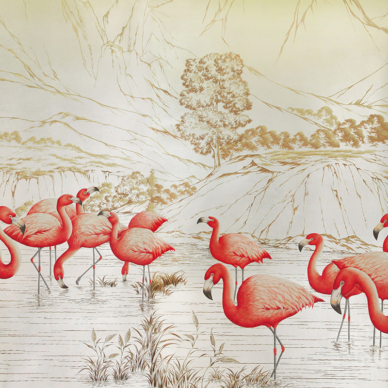Обои ручная роспись Flamingos Colourway SC-120 on Sterling Silver gilded Xuan paper Обои ручная роспись Flamingos Colourway SC-120 on Sterling Silver gilded Xuan paper в Брянске | Loft Concept