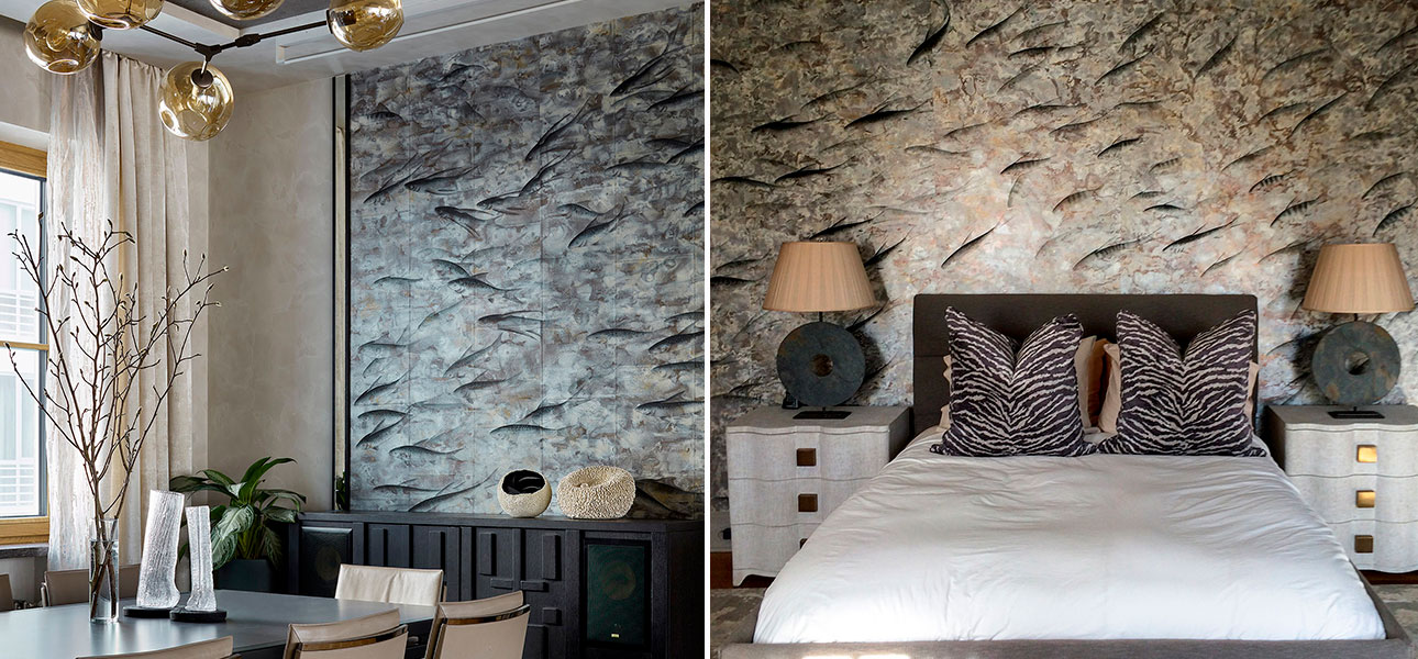 Обои ручная роспись Fishes Original colourway on Tarnished Silver gilded tea paper with pearlescent antiquing - фото