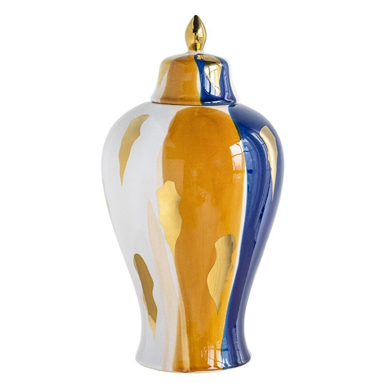 Ваза с крышкой и мазками синего и золого цвета на белом фоне Chinoiserie Ceramics Белый Оранжевый Золотой Синий Ваза с крышкой и мазками синего и золого цвета на белом фоне Chinoiserie Ceramics Белый Оранжевый Золотой Синий в Брянске | Loft Concept