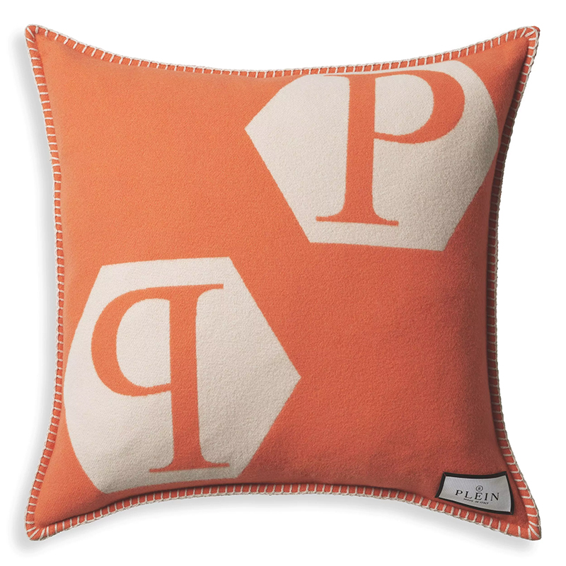 Подушка Philipp Plein Cushion Cashmere PP Logo 65 x 65 Orange Оранжевый Белый в Брянске | Loft Concept 