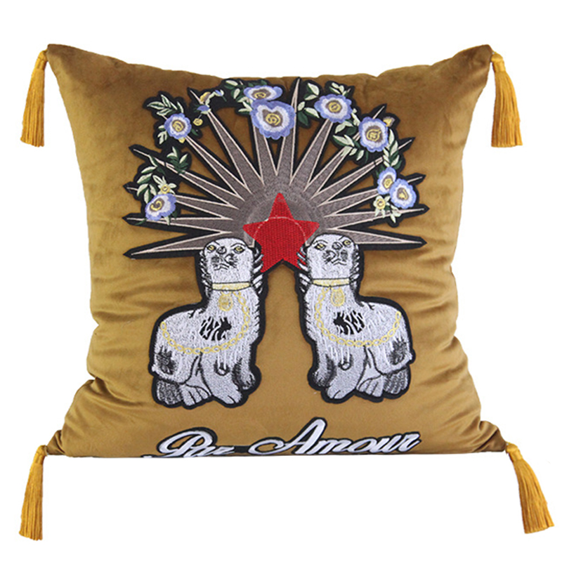 Декоративная подушка с вышивкой Стиль Gucci Two Dogs Cushion Горчичный Золотой Мульти Декоративная подушка с вышивкой Стиль Gucci Two Dogs Cushion Горчичный Золотой Мульти в Брянске | Loft Concept