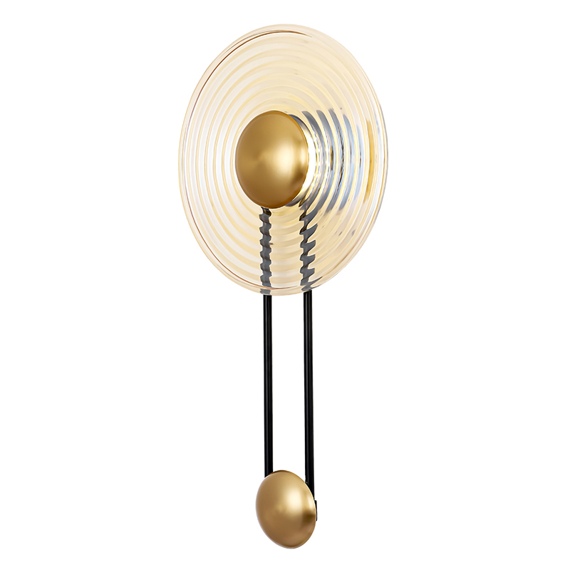 Бра с круглым рифленым плафоном янтарного цвета Savio Glass Disc Light Латунь Черный Янтарный Бра с круглым рифленым плафоном янтарного цвета Savio Glass Disc Light Латунь Черный Янтарный в Брянске | Loft Concept