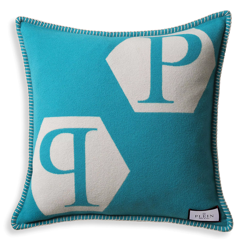 Подушка Philipp Plein Cushion Cashmere PP Logo 65 x 65 Blue Голубой Белый в Брянске | Loft Concept 