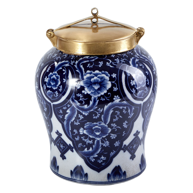 Ваза с насыщенным синим орнаментом и золотой крышкой Blue & White Ornament Белый Синий Золотой Ваза с насыщенным синим орнаментом и золотой крышкой Blue & White Ornament Белый Синий Золотой в Брянске | Loft Concept