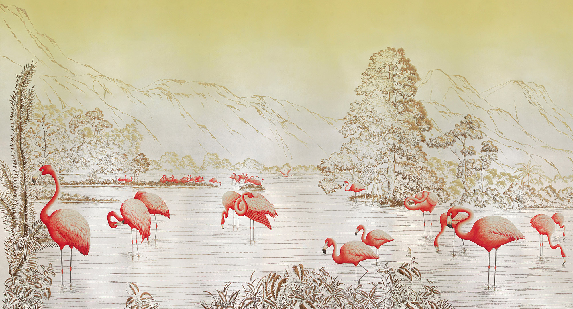 Обои ручная роспись Flamingos Colourway SC-120 on Sterling Silver gilded Xuan paper Обои ручная роспись Flamingos Colourway SC-120 on Sterling Silver gilded Xuan paper - постер Loft-Concept в Брянске