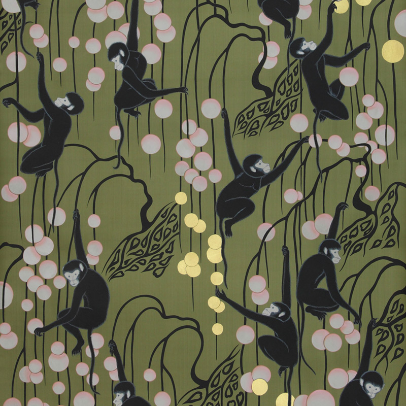 Обои ручная роспись Deco Monkeys Special Colourway on Olive dyed silk Обои ручная роспись Deco Monkeys Special Colourway on Olive dyed silk в Брянске | Loft Concept