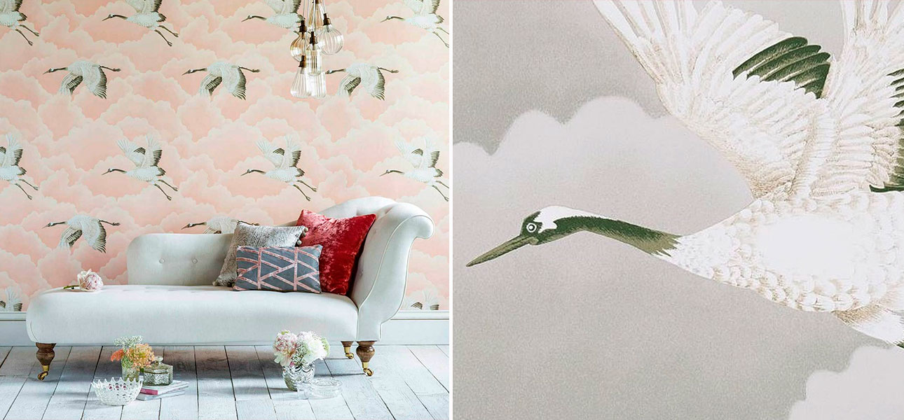 Обои в Японском стиле ручная роспись Cranes In Flight Platinum - фото