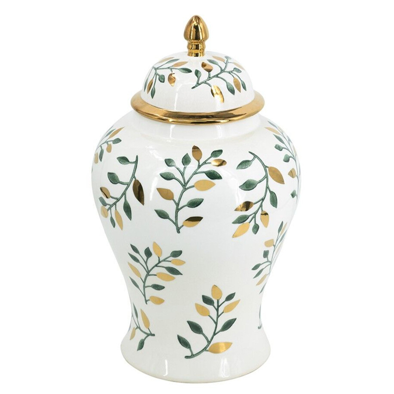 Ваза белая с крышкой с рисунком зеленых и золотых листьев 48 см Chinoiserie Ceramics Белый Зеленый Золотой Ваза белая с крышкой с рисунком зеленых и золотых листьев 48 см Chinoiserie Ceramics Белый Зеленый Золотой в Брянске | Loft Concept