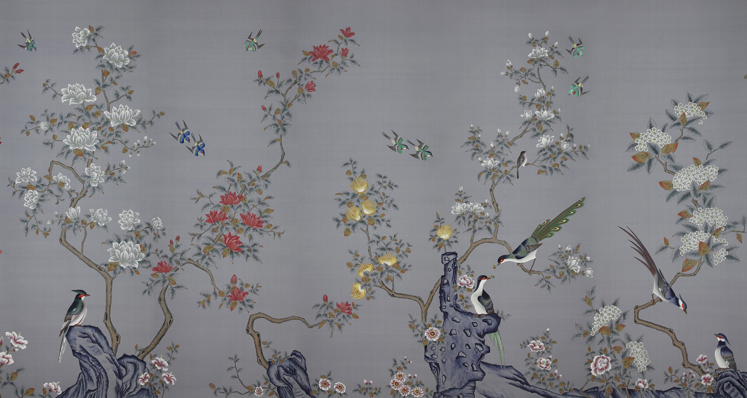 Обои ручная роспись Japanese Garden Original colourway on Gun Metal dyed silk Обои ручная роспись Japanese Garden Original colourway on Gun Metal dyed silk - постер Loft-Concept в Брянске