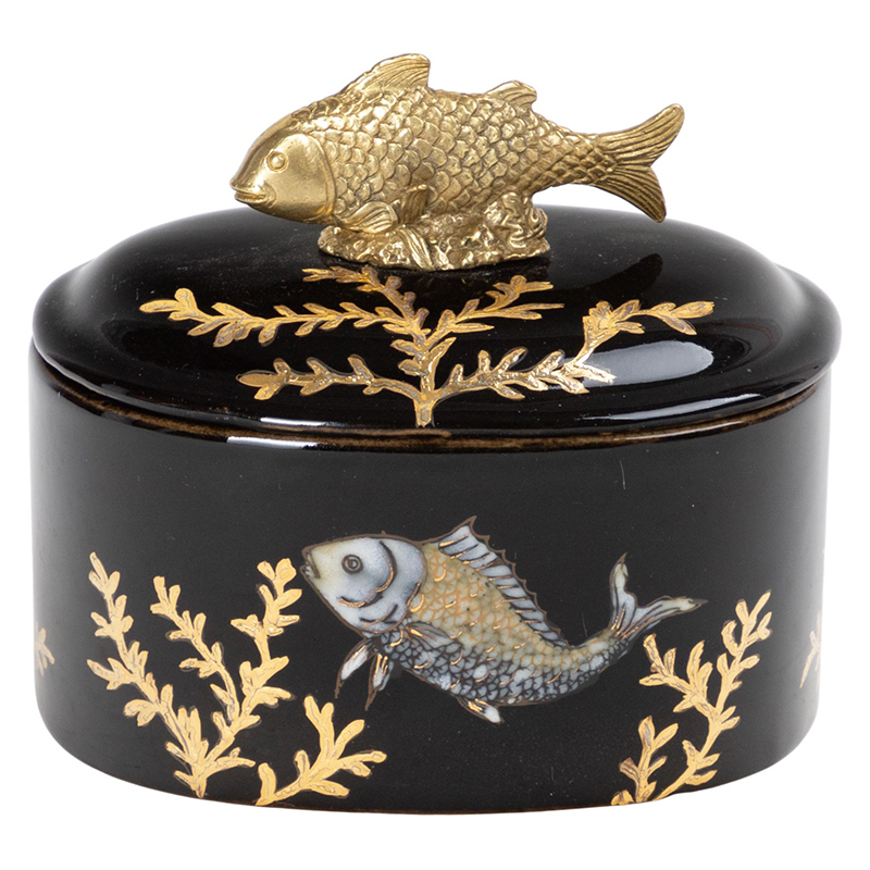 Шкатулка черная фарфоровая Золотая Рыбка Gold fish Черный Золотой Шкатулка черная фарфоровая Золотая Рыбка Gold fish Черный Золотой в Брянске | Loft Concept