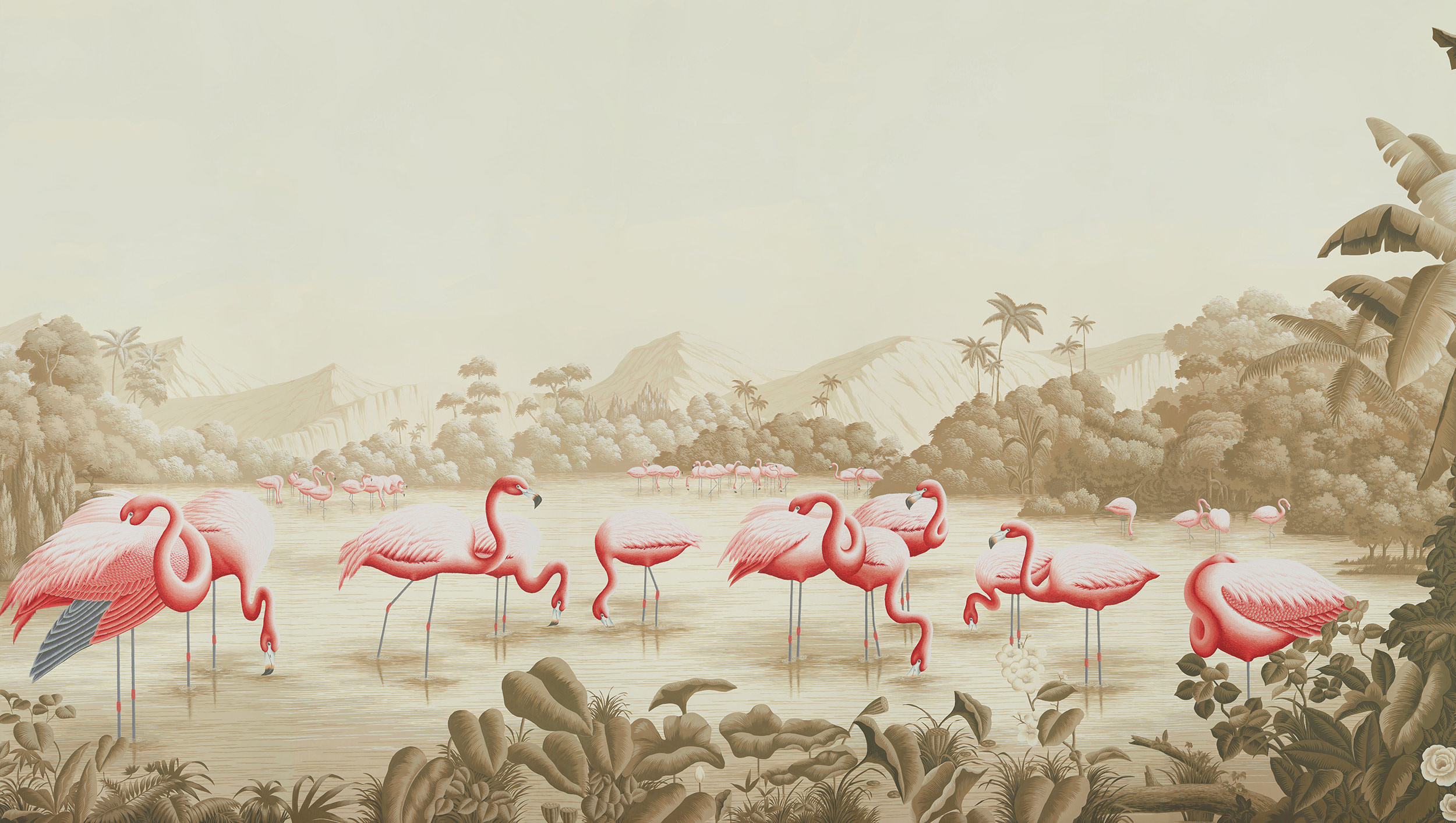 Обои ручная роспись Flamingos Flamingo on Sepia scenic paper Обои ручная роспись Flamingos Flamingo on Sepia scenic paper - постер Loft-Concept в Брянске