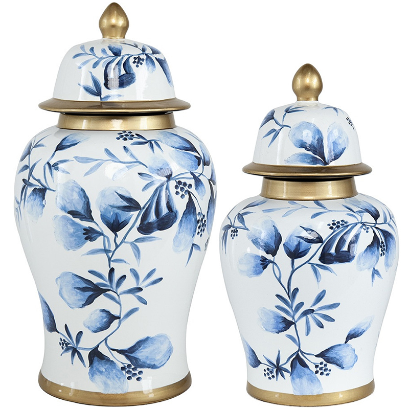 Ваза с крышкой Blue Plant Vase Золотой Белый Синий Ваза с крышкой Blue Plant Vase Золотой Белый Синий в Брянске | Loft Concept