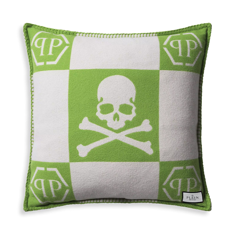 Подушка Philipp Plein Cushion Cashmere Skull 45 x 45 Green Зеленый Белый в Брянске | Loft Concept 