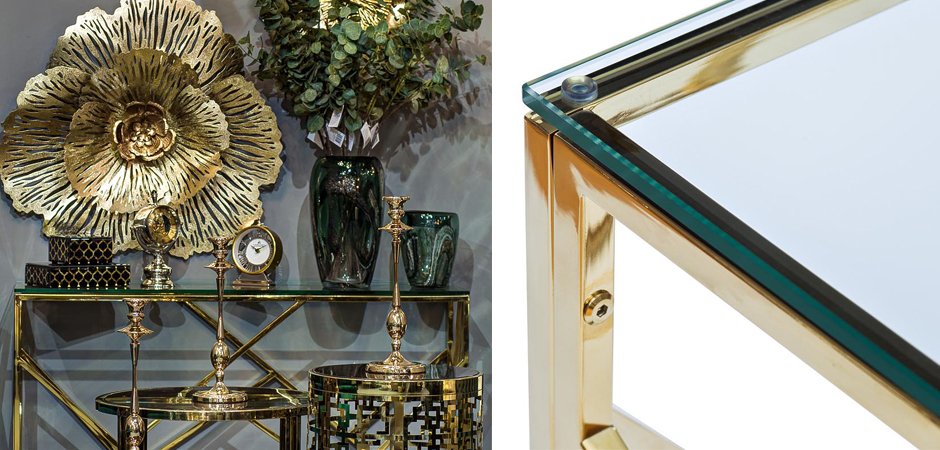 Консоль Serene Furnishing Gold Clear Glass Top Console Консоль Serene Furnishing Gold Clear Glass Top Console - Loft-Concept в Брянске