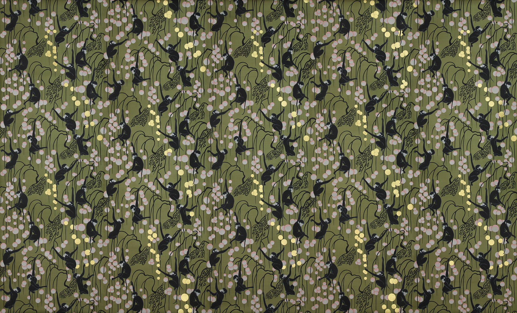 Обои ручная роспись Deco Monkeys Special Colourway on Olive dyed silk Обои ручная роспись Deco Monkeys Special Colourway on Olive dyed silk - постер Loft-Concept в Брянске