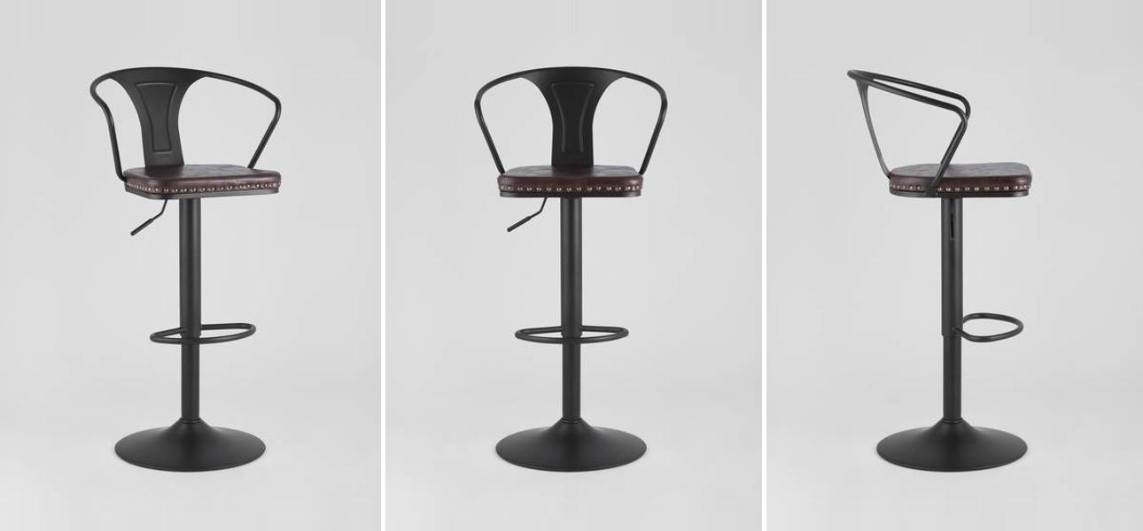 Барный Стул с Подлокотником Tolix Черный Матовый Металл Сидение Коричневая Экокожа - фото