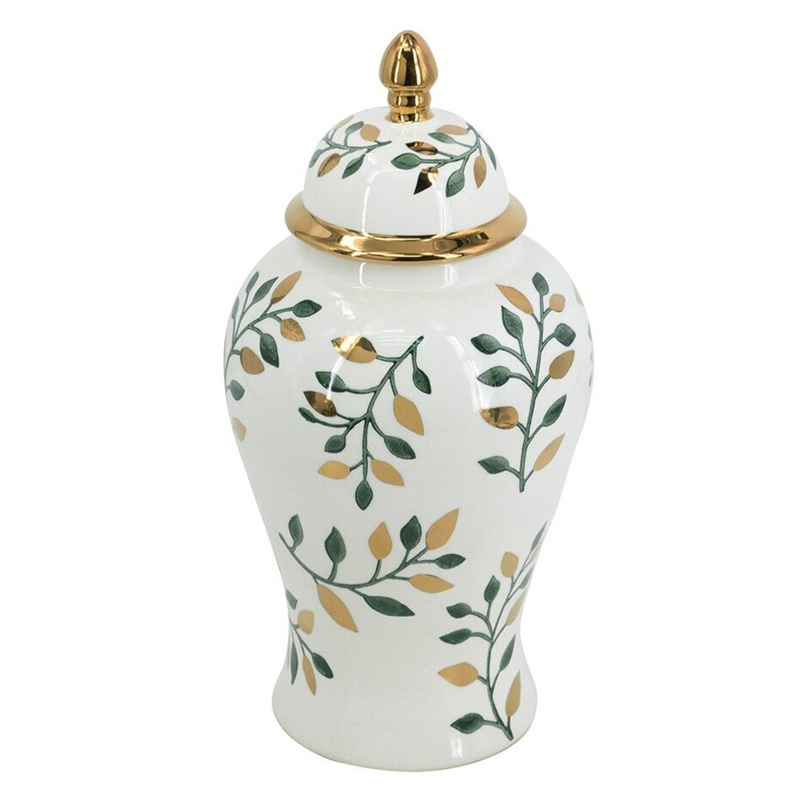 Ваза белая с крышкой с рисунком зеленых и золотых листьев 40 см Chinoiserie Ceramics Белый Зеленый Золотой Ваза белая с крышкой с рисунком зеленых и золотых листьев 40 см Chinoiserie Ceramics Белый Зеленый Золотой в Брянске | Loft Concept