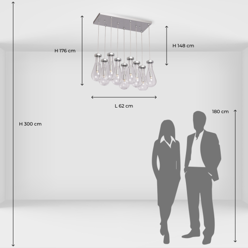 Люстра с 9-ю прозрачными плафонами из стекла в форме капли на прямоугольном потолочном основании цвета хром Lucid Rain  в Брянске