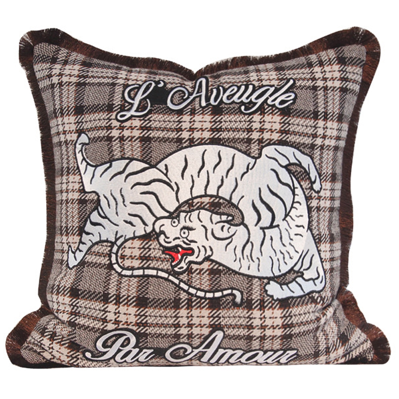 Декоративная подушка с вышивкой Стиль Gucci Plaid Print Tiger Cushion Коричневый Бежевый Красный в Брянске | Loft Concept 