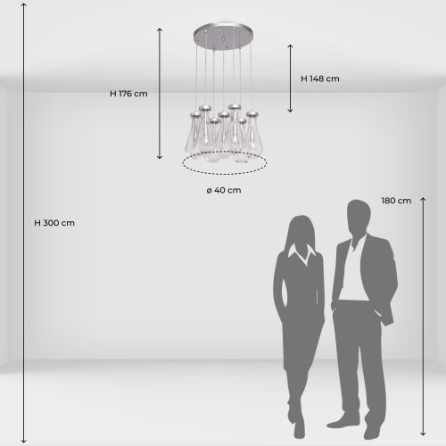 Люстра с 7-ю прозрачными плафонами из стекла в форме капли на круглом потолочном основании цвета хром Lucid Rain  в Брянске