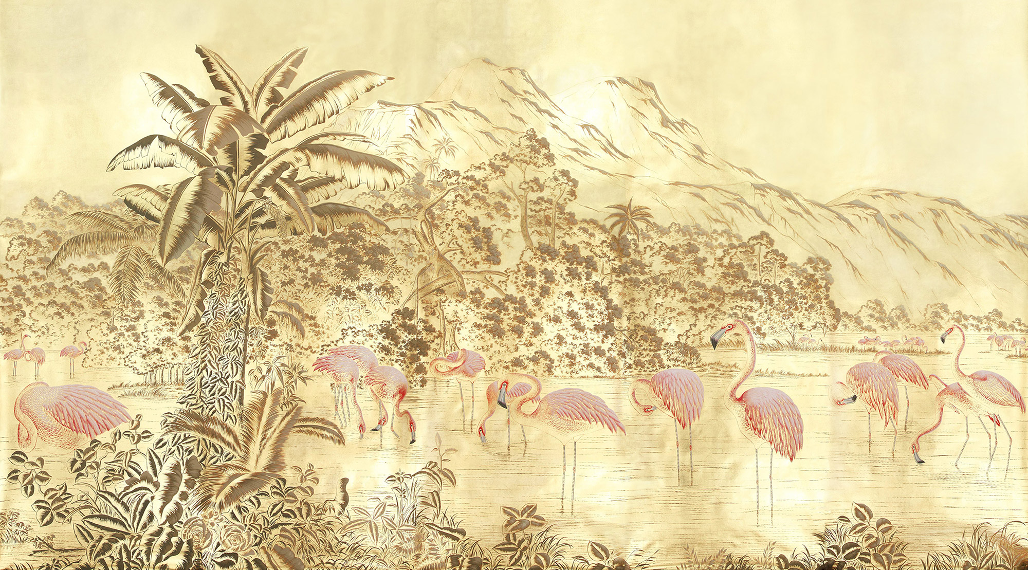 Обои ручная роспись Flamingos Flamingo on Deep Rich Gold gilded paper Обои ручная роспись Flamingos Flamingo on Deep Rich Gold gilded paper - постер Loft-Concept в Брянске