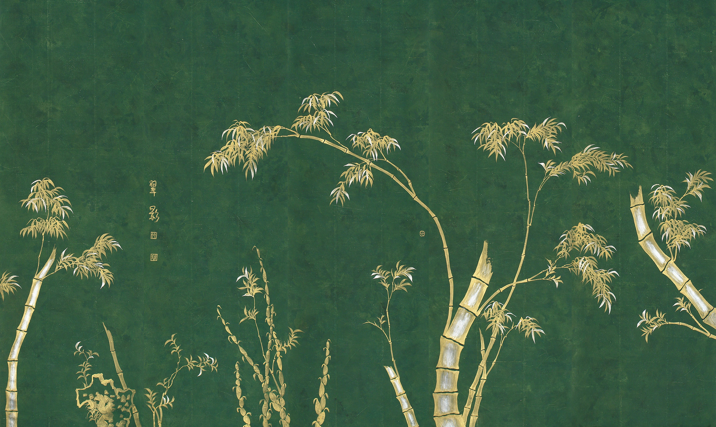 Обои ручная роспись Bamboo Golden on Edo Green India tea paper Обои ручная роспись Bamboo Golden on Edo Green India tea paper - постер Loft-Concept в Брянске
