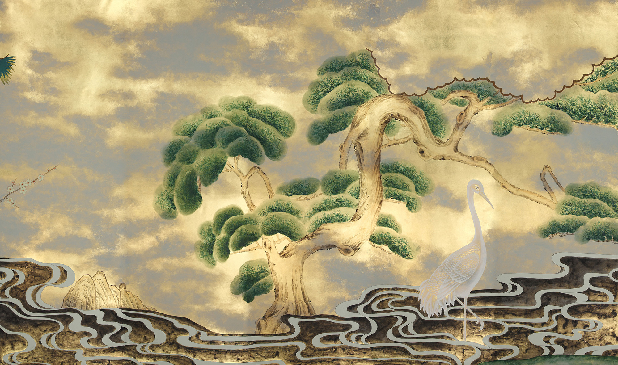 Обои ручная роспись Bamboo River Blossom Original colourway on Deep Rich Gold gilded paper with pearlescent antiquing Обои ручная роспись Bamboo River Blossom Original colourway on Deep Rich Gold gilded paper with pearlescent antiquing - постер Loft-Concept в Брянске