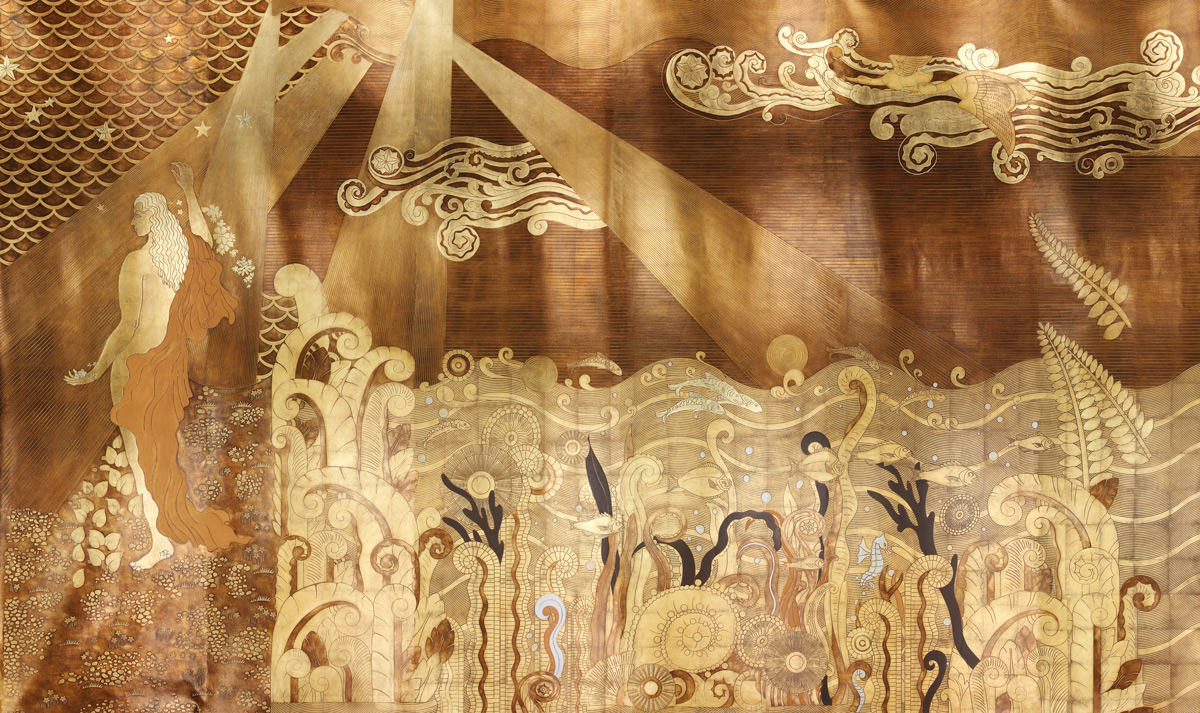 Обои ручная роспись в стиле Арт-деко Deco Dawn Bas Relief on Deep Rich Gold gilded paper Обои ручная роспись в стиле Арт-деко Deco Dawn Bas Relief on Deep Rich Gold gilded paper - постер Loft-Concept в Брянске