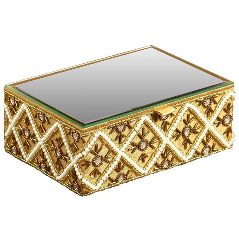 Шкатулка с вышивкой из бисера Flavia Beads Embroidery Mirror Box Золотой Зеркало Бежевый Коричневый в Брянске | Loft Concept 
