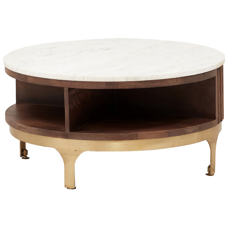 Круглый кофейный стол Sadie Round Coffee Table Белый Коричневый Латунь Круглый кофейный стол Sadie Round Coffee Table Белый Коричневый Латунь в Брянске | Loft Concept