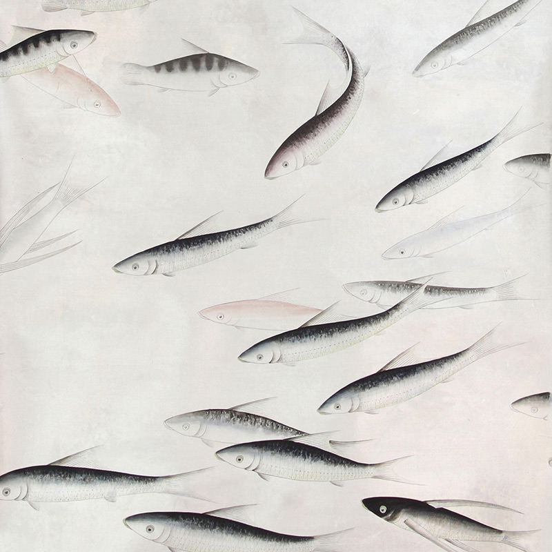 Обои ручная роспись Fishes Blue Pearl on Tarnished Silver gilded silk with pearlescent antiquing Обои ручная роспись Fishes Blue Pearl on Tarnished Silver gilded silk with pearlescent antiquing в Брянске | Loft Concept