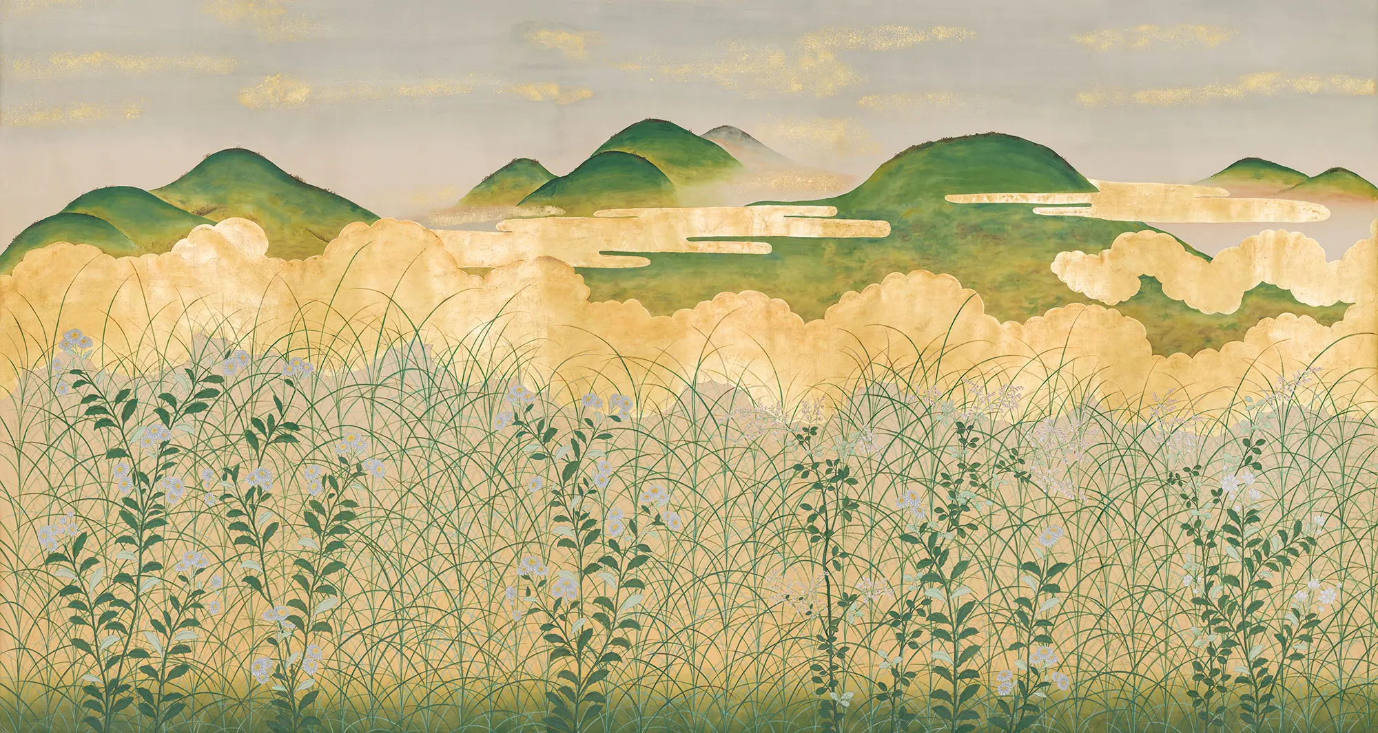 Обои ручная роспись The Plain of Musashi Original colourway on painted Xuan paper with gold ombre Обои ручная роспись The Plain of Musashi Original colourway on painted Xuan paper with gold ombre - постер Loft-Concept в Брянске