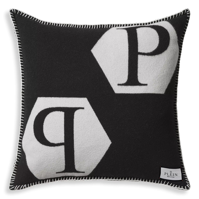 Подушка Philipp Plein Cushion Cashmere PP Logo 65 x 65 Black Черно-белый в Брянске | Loft Concept 