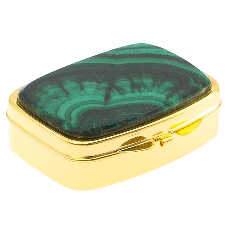 Таблетница карманная прямоугольная с 2-мя отделениями с зеркалом и накладкой из натурального камня Малахит Gold Stone Pillboxes Малахит Золотой в Брянске | Loft Concept 