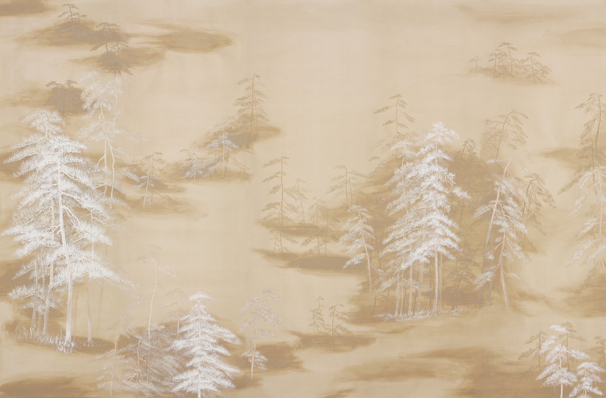 Обои ручная роспись Abstract Pines Original colourway on Stone Ochre dyed silk Обои ручная роспись Abstract Pines Original colourway on Stone Ochre dyed silk - постер Loft-Concept в Брянске