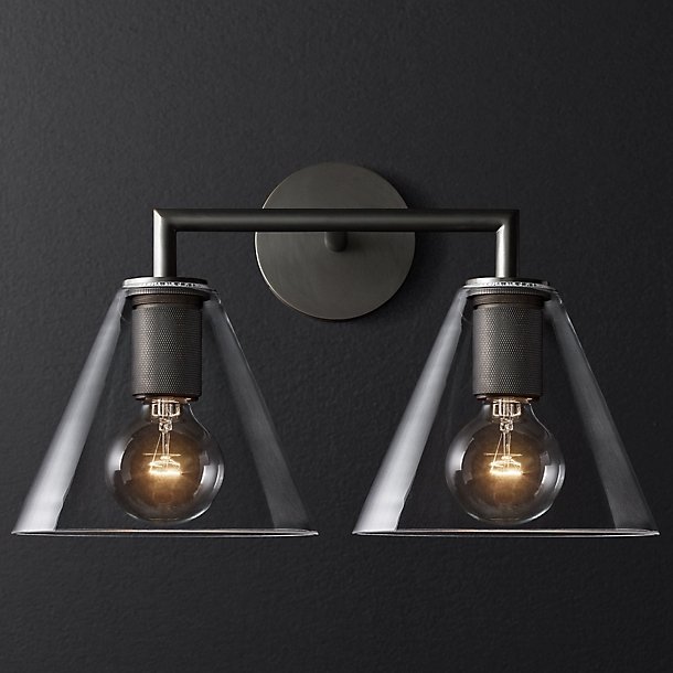 Бра RH Utilitaire Funnel Shade Double Sconce Black Прозрачное Стекло Темная бронза в Брянске | Loft Concept 