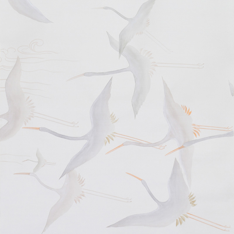 Обои ручная роспись Cranes Scroll Original colourway on Natural Mica metallic silk Обои ручная роспись Cranes Scroll Original colourway on Natural Mica metallic silk в Брянске | Loft Concept