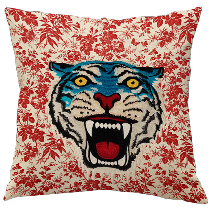 Декоративная подушка Стиль Gucci Blue Tiger Красный Бежевый Голубой Мульти Декоративная подушка Стиль Gucci Blue Tiger Красный Бежевый Голубой Мульти в Брянске | Loft Concept