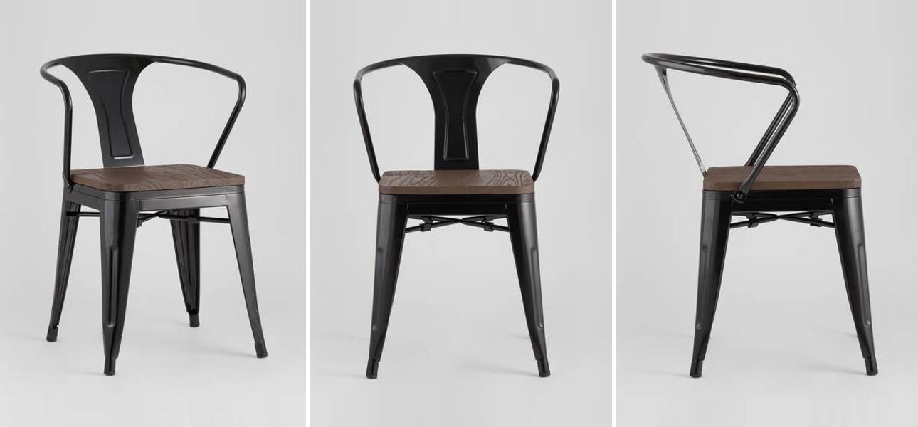 Стул Tolix с подлокотниками Черный Глянцевый Металл Деревянное Сидение - фото