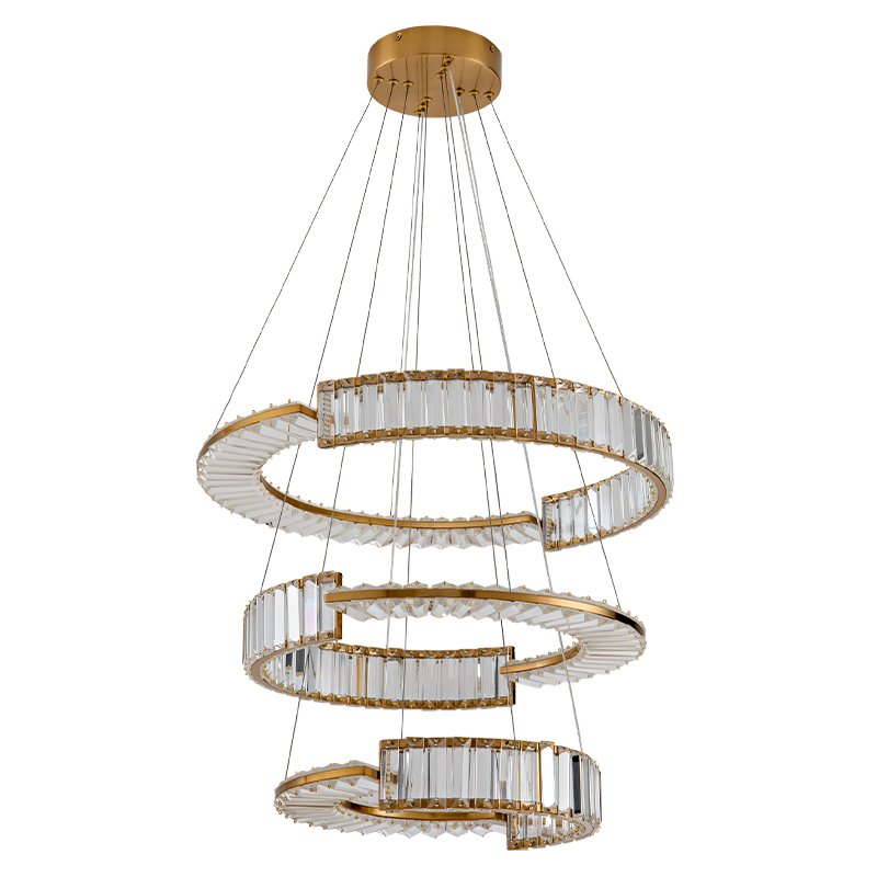 Светодиодная трехъярусная кольцевая люстра из хрусталя и стали с пультом для регулировки света Maude Crystal Light Латунь Прозрачный в Брянске | Loft Concept 