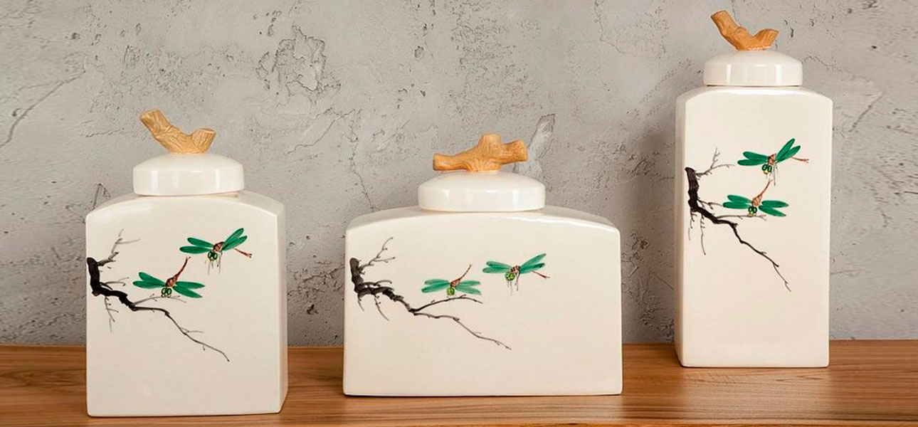 Ваза низкая с крышкой керамическая стрекоза Ornament - фото