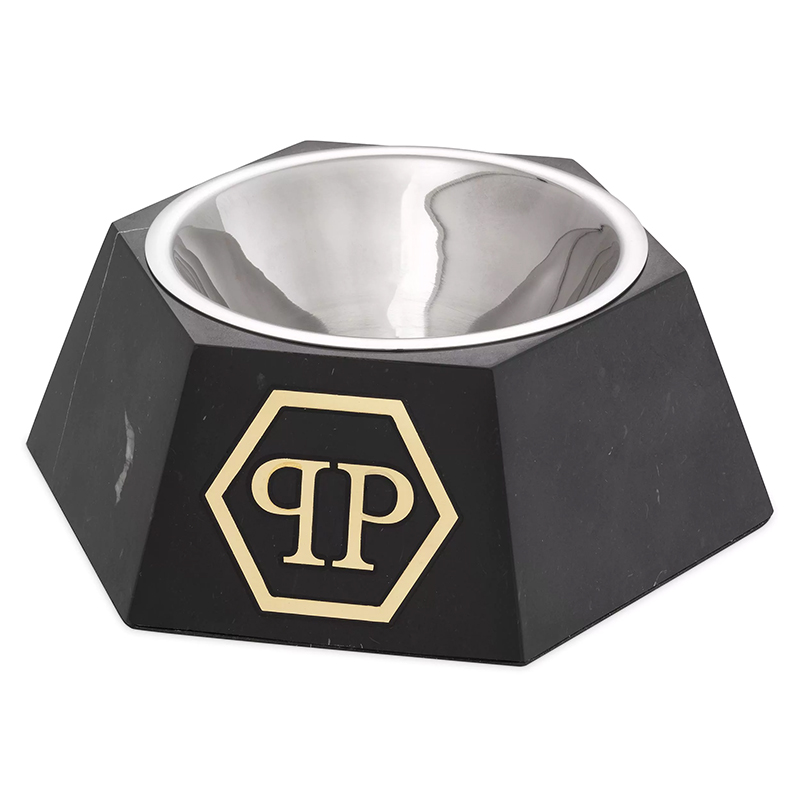 Миска для корма Philipp Plein Dog Food bowl Nice L Black Черный Мрамор Nero Сталь Золотой в Брянске | Loft Concept 