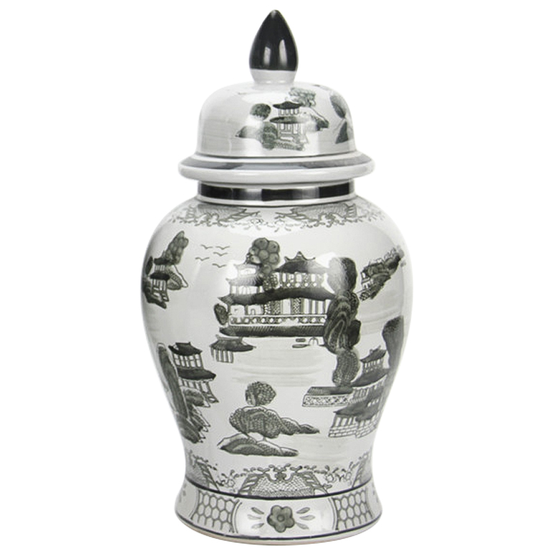 Ваза с крышкой Chinoiserie Ceramics Village Vase Серый Белый Ваза с крышкой Chinoiserie Ceramics Village Vase Серый Белый в Брянске | Loft Concept
