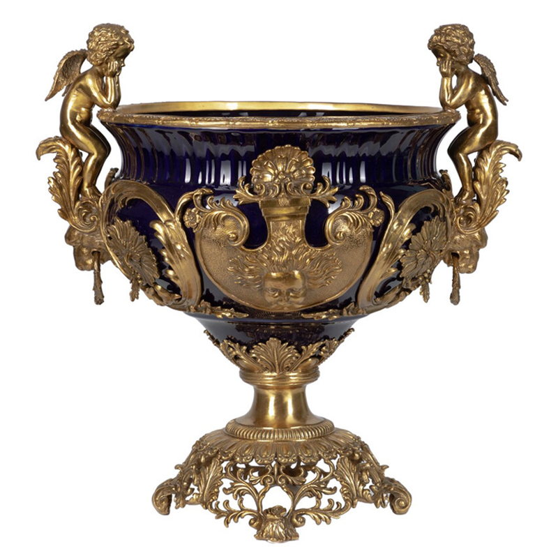 Чаша темно-синего цвета с фигурками ангелов и рельефным декором Eden Garden porcelain and bronze Темно-синий Бронза Чаша темно-синего цвета с фигурками ангелов и рельефным декором Eden Garden porcelain and bronze Темно-синий Бронза в Брянске | Loft Concept