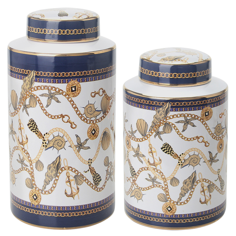 Ваза с крышкой Marine Motif Vase Белый Синий Золотой Бежевый Ваза с крышкой Marine Motif Vase Белый Синий Золотой Бежевый в Брянске | Loft Concept