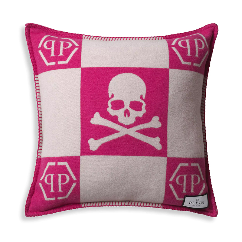 Подушка Philipp Plein Cushion Cashmere Skull 45 x 45 Pink Розовый Белый в Брянске | Loft Concept 